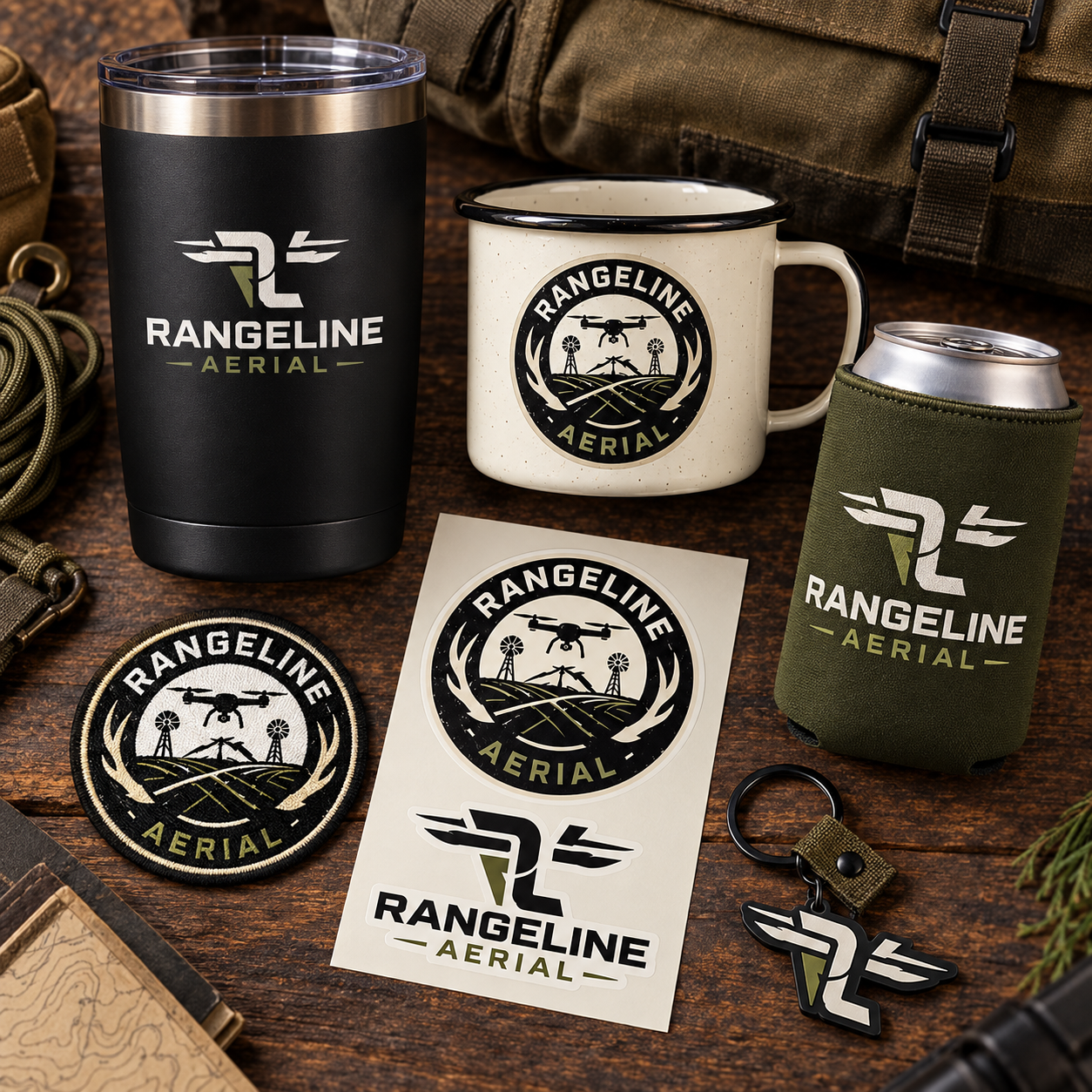RangeLine Aerial tumbler, mug, can cooler, patch, decals, and keychain concepts
