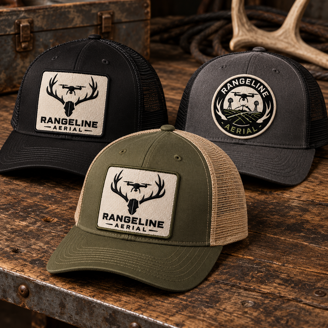 Three RangeLine Aerial trucker hat concepts