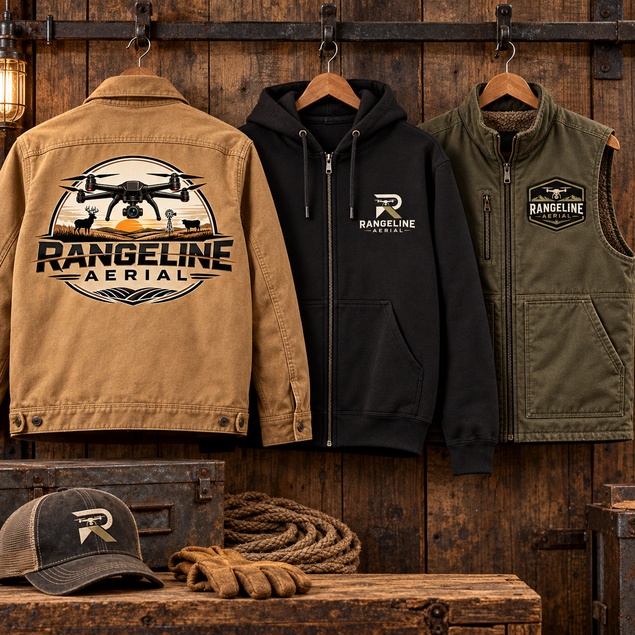 RangeLine Aerial work jacket, zip hoodie, vest, and hat concepts